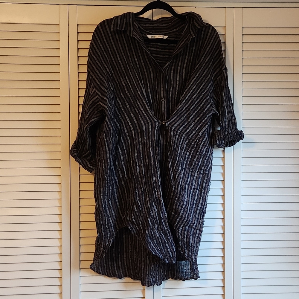Zara Blue and Brown Striped long Shirt